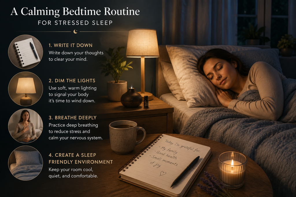 Calming bedtime routine with journaling, dim lighting, deep breathing, and a sleep-friendly environment