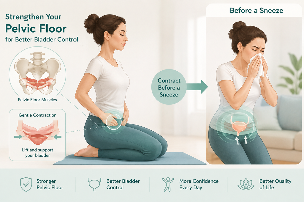 The Definitive Guide: How to Stop Urine Leakage When Sneezing and Improve Bladder Control Woman demonstrating a pelvic floor muscle contraction before sneezing to help improve bladder control and reduce urine leakage.