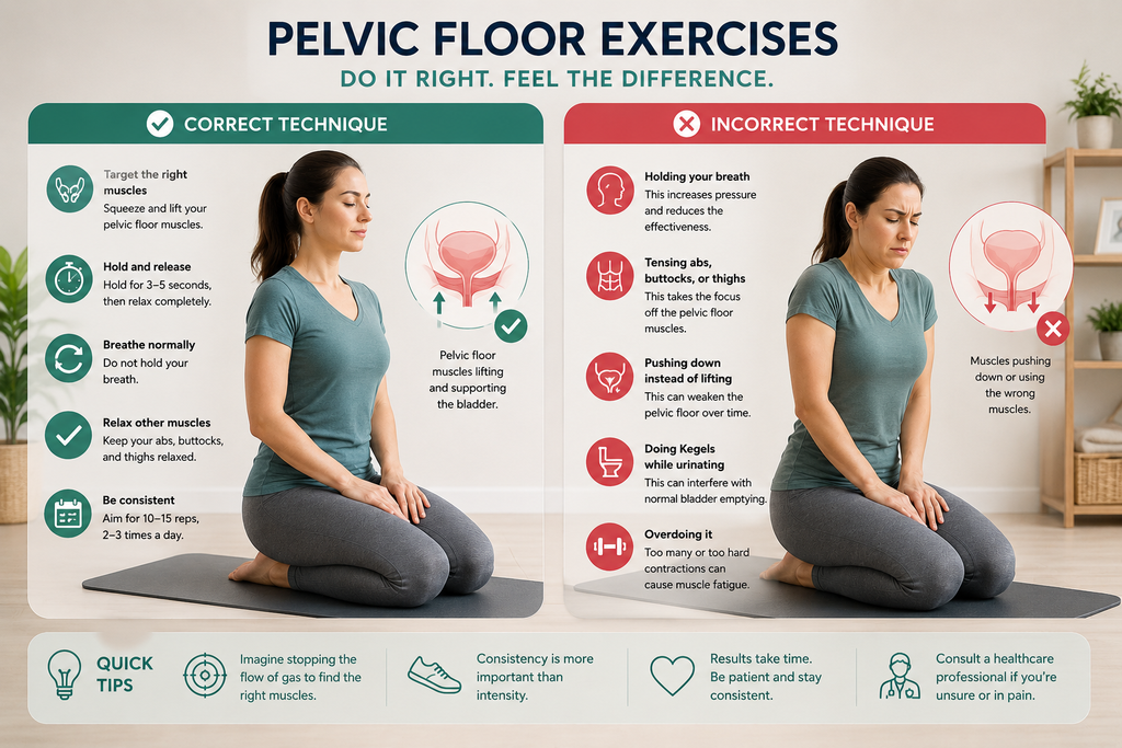 The Definitive Guide: How to Stop Urine Leakage When Sneezing and Improve Bladder Control Infographic comparing correct and incorrect pelvic floor exercise techniques for improving bladder control.