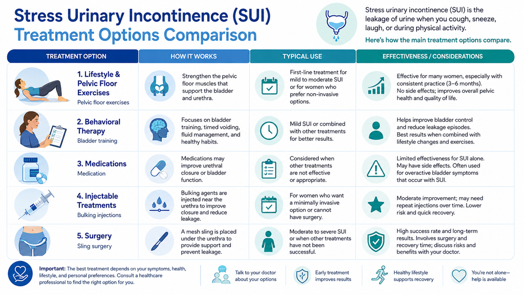 The Definitive Guide: How to Stop Urine Leakage When Sneezing and Improve Bladder Control Medical infographic comparing five stress urinary incontinence (SUI) treatment options: pelvic floor exercises, behavioral therapy, medications, injectable treatments, and surgery, with information on how each works, typical use, and effectiveness considerations.