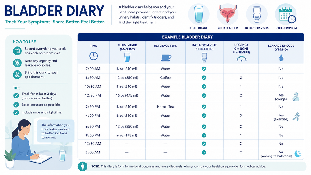 The Definitive Guide: How to Stop Urine Leakage When Sneezing and Improve Bladder Control Example bladder diary tracking fluid intake, beverage type, bathroom visits, urinary urgency, and urine leakage episodes throughout the day and night.
