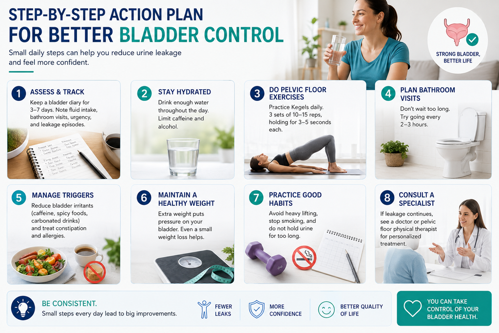 The Definitive Guide: How to Stop Urine Leakage When Sneezing and Improve Bladder Control Step-by-step bladder control plan showing bladder tracking, hydration, pelvic floor exercises, bathroom planning, trigger management, healthy weight, good habits, and consulting a specialist to reduce urine leakage.