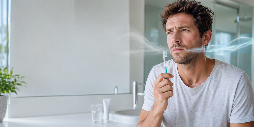 Why Does My Breath Smell Bad Even After Brushing? The Ultimate Guide to Fresher Breath Thoughtful man holding a toothbrush in a modern bathroom, wondering why bad breath persists after brushing, with subtle fresh-air imagery near his mouth.