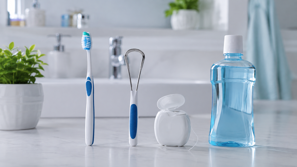 Why Does My Breath Smell Bad Even After Brushing? The Ultimate Guide to Fresher Breath Toothbrush, tongue scraper, dental floss, and mouthwash neatly arranged on a clean white bathroom counter in a bright modern setting.