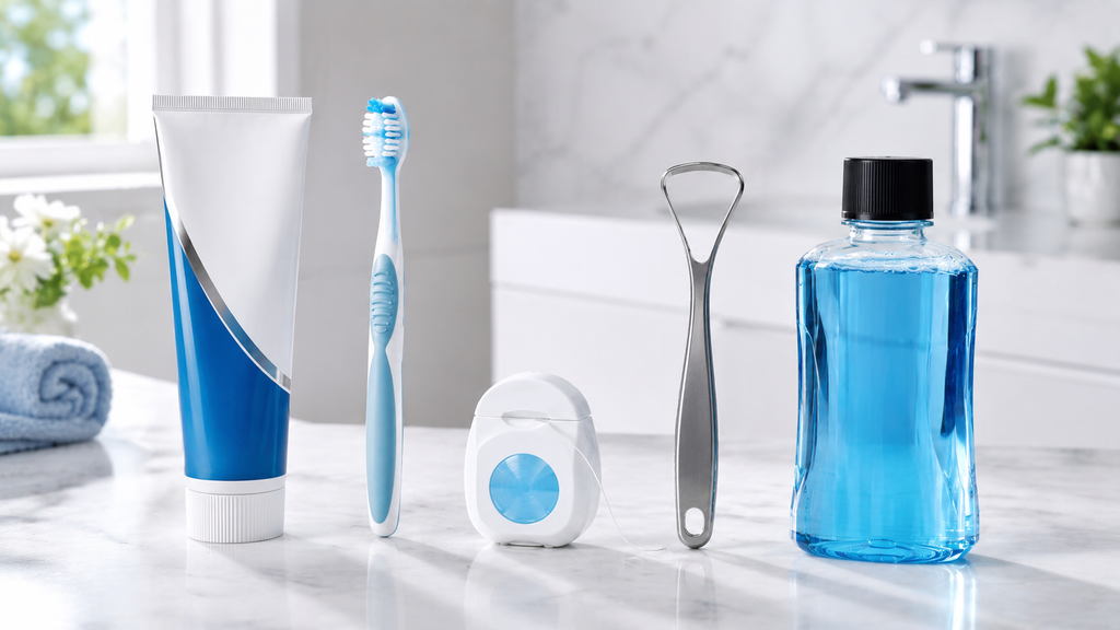Why Does My Breath Smell Bad Even After Brushing? The Ultimate Guide to Fresher Breath Five oral care products—fluoride toothpaste, soft toothbrush, dental floss, stainless steel tongue cleaner, and mouthwash—neatly arranged on a clean white bathroom countertop.