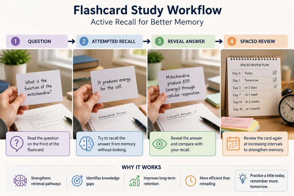 Use active recall flashcards for better study memory and spaced review