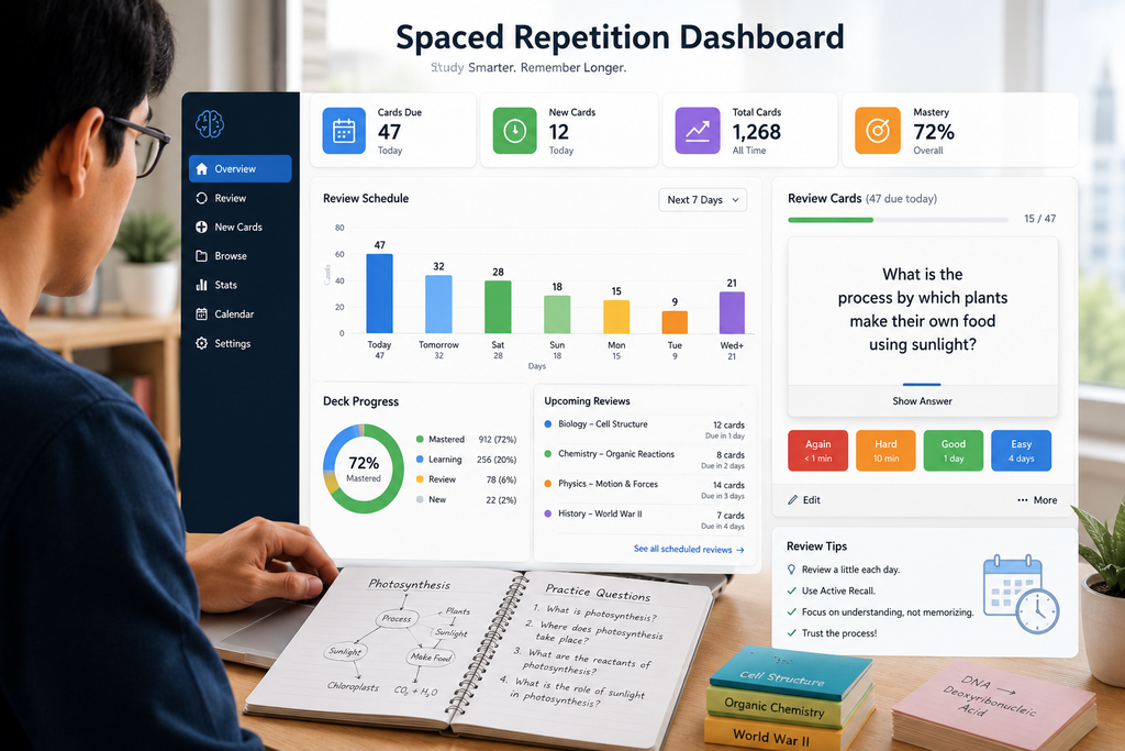Review study cards with spaced repetition to improve memory
