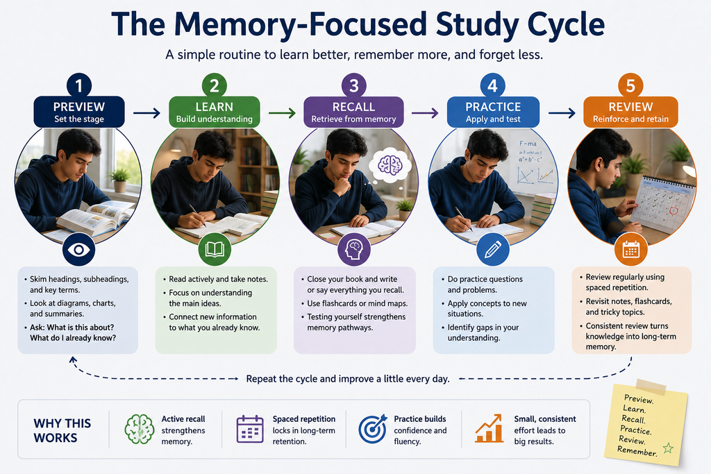 Follow a memory-focused study routine from learning to review