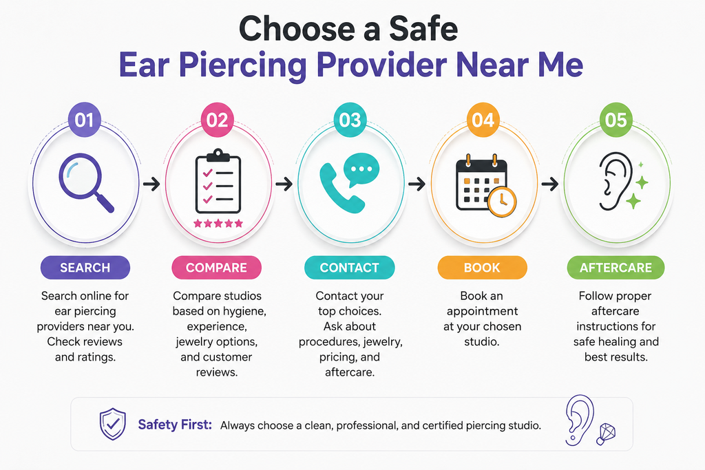 Five-step guide to choosing a safe ear piercing provider: search, compare, contact, book, and follow aftercare.