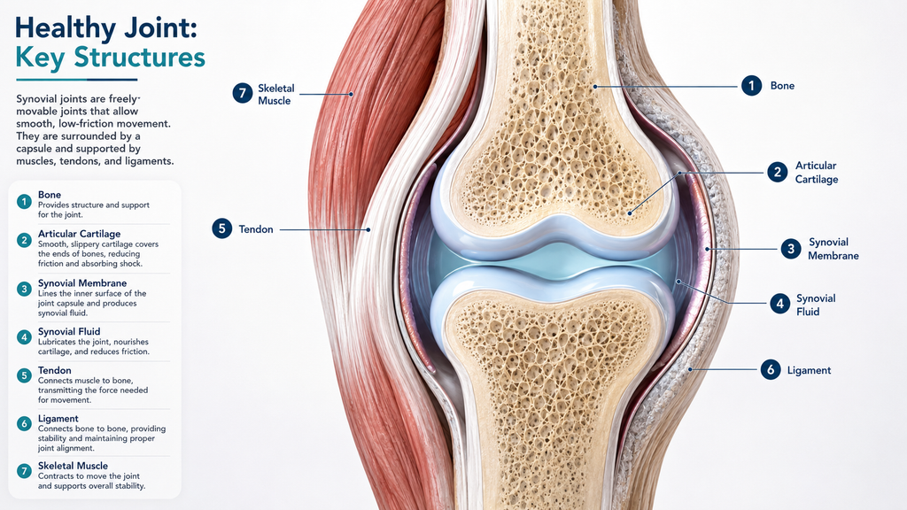 Healthy synovial joint cross-section showing bone, articular cartilage, synovial membrane, synovial fluid, tendon, ligament, and surrounding skeletal muscle.