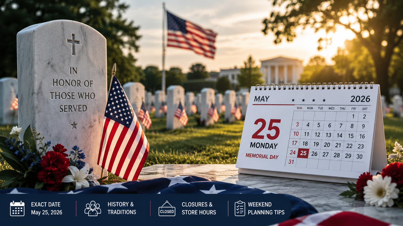 When is Memorial Day 2026? Find the exact date, Memorial Day weekend, history, traditions, closures, and planning tips for May 25, 2026.