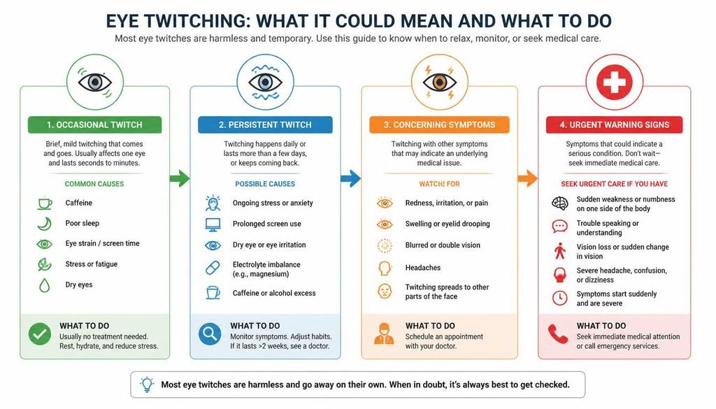 Eye Doctor for Eye Twitching: The Comprehensive Guide to Choosing the Right Specialist Clean 16:9 medical decision-flow infographic showing eye twitching: occasional twitch → persistent twitch → concerning symptoms → urgent warning signs. Modern, professional healthcare design, simple icons, clear arrows, easy to understand, white background, no logos or watermark.