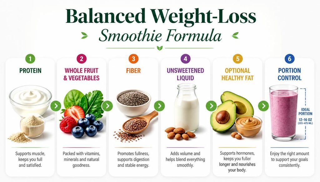 The Ultimate Best Smoothie Recipes for Weight Loss: 10 Filling, High-Protein Ideas Balanced weight-loss smoothie formula showing protein, whole fruits and vegetables, fiber, unsweetened liquid, optional healthy fat, and portion control.