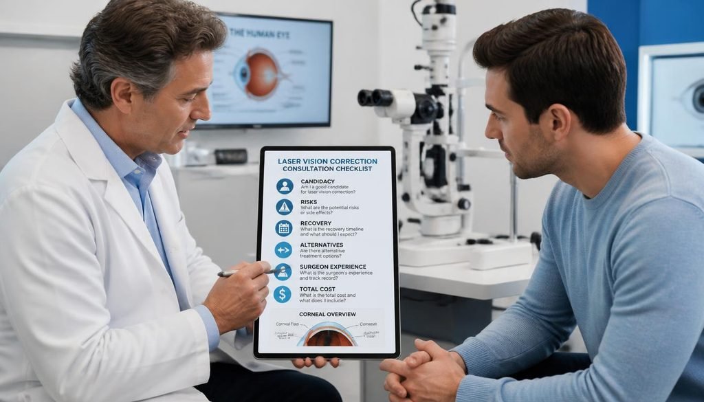 Eye Laser Vision Correction: The Comprehensive Guide to LASIK, PRK, SMILE, Risks, Recovery, and Cost Prepare questions for a laser vision correction consultation